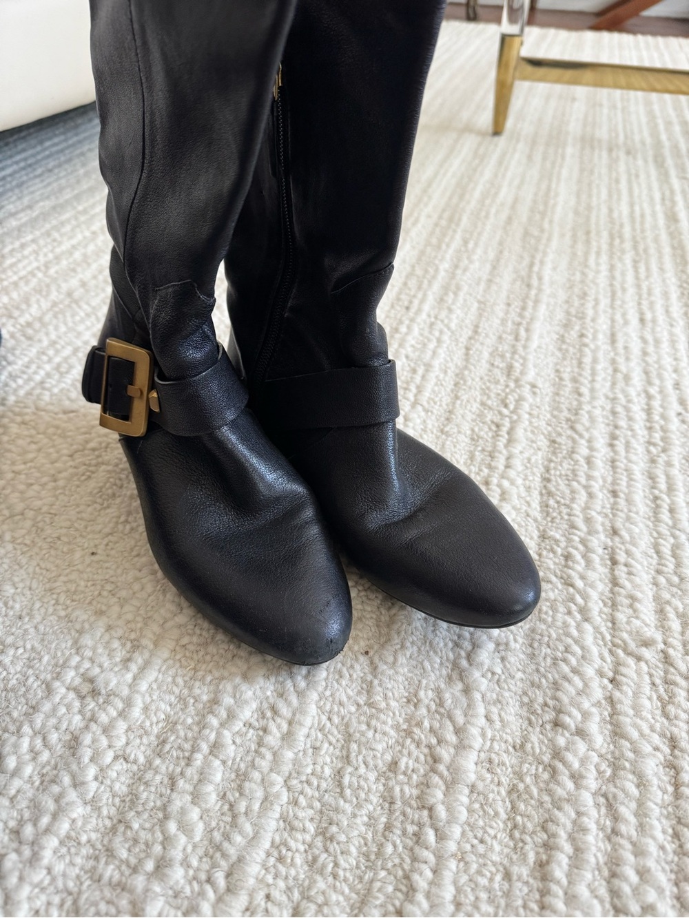 BCBGMaxAzria Black Leather Knee Boots with Gold Buckle